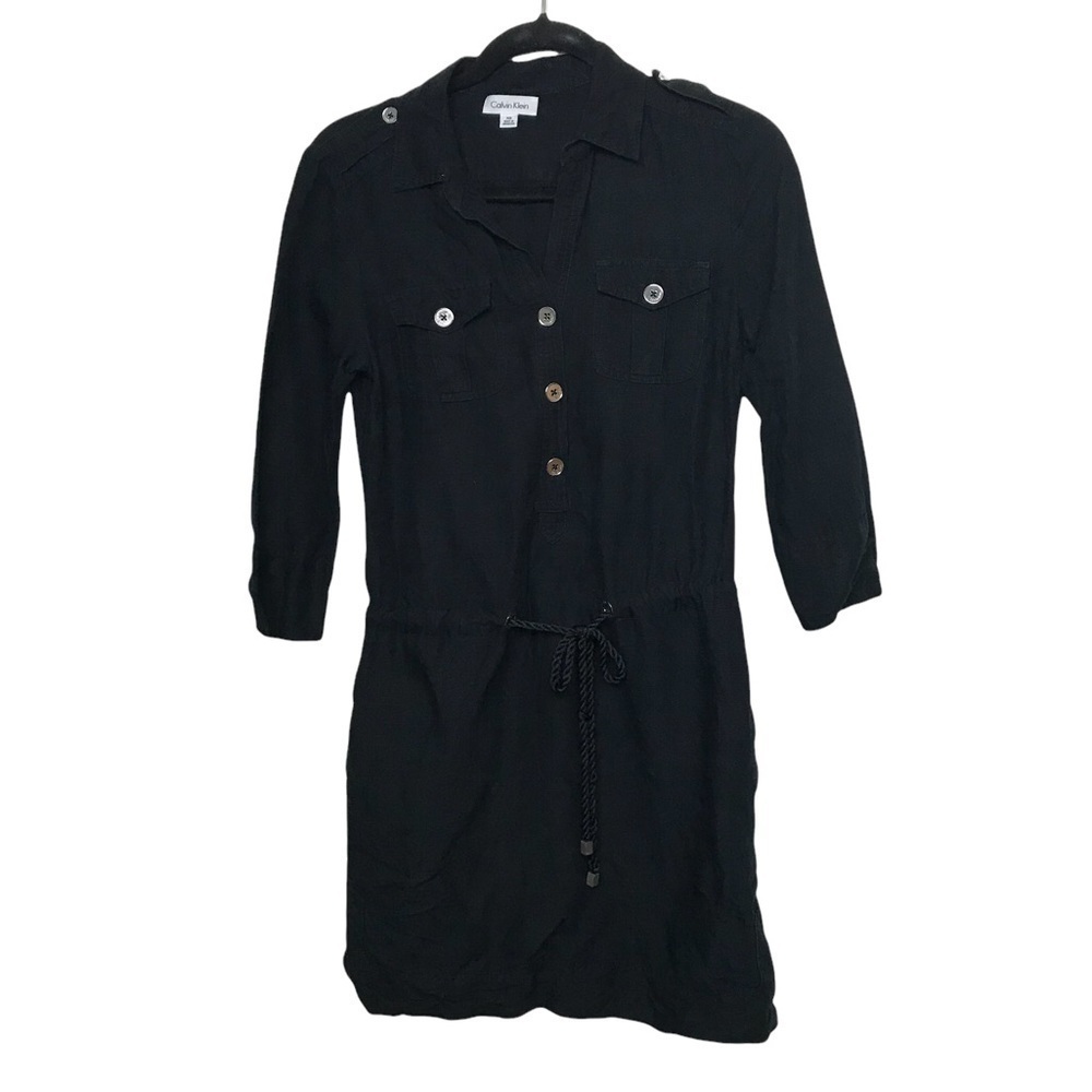Calvin Klein Black V Neck Linen Blend Dress XS